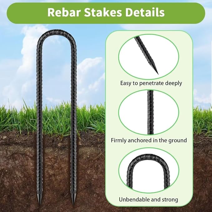 Rebar-Stakes-12-Inch, Ground Stakes Heavy Duty U-Hook Black Coated Anti-Rust Heavy Duty Ground Anchors for Garden Dog Fence Chicken Coop Christmas Decorations Deer Fence 20pcs