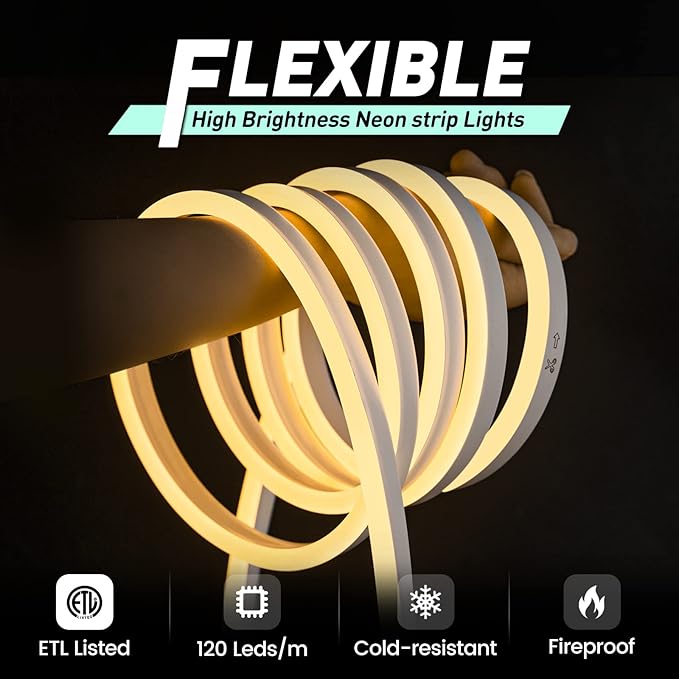 GZBtech Flexible LED Neon Rope Lights 100FT,AC 110-120V Waterproof Strip Light, 120 LEDs/M Cuttable Connectable Neon Lighting for Indoor Outdoor Home Decor/Commercial Building Use-Warm White 30M