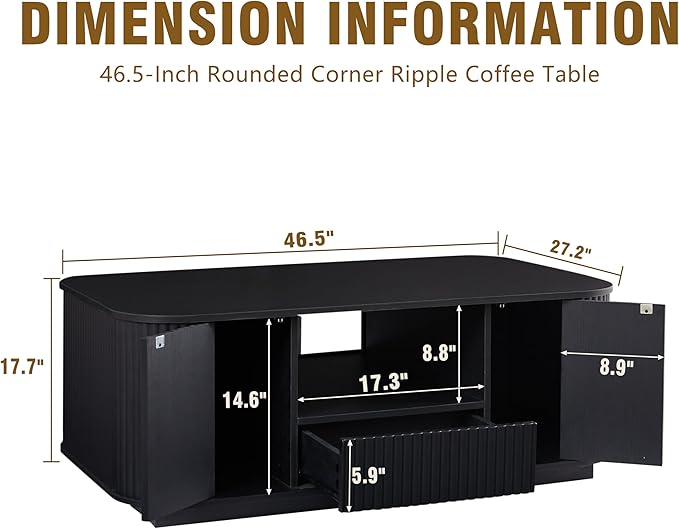 46.5" Oval Coffee Table with Drawers and Storage Mid Century Modern Fluted Solid Wood Side Coffee Tables, Luxury Tea Table Center Table for Living Rooms Offices Apartmen, Black