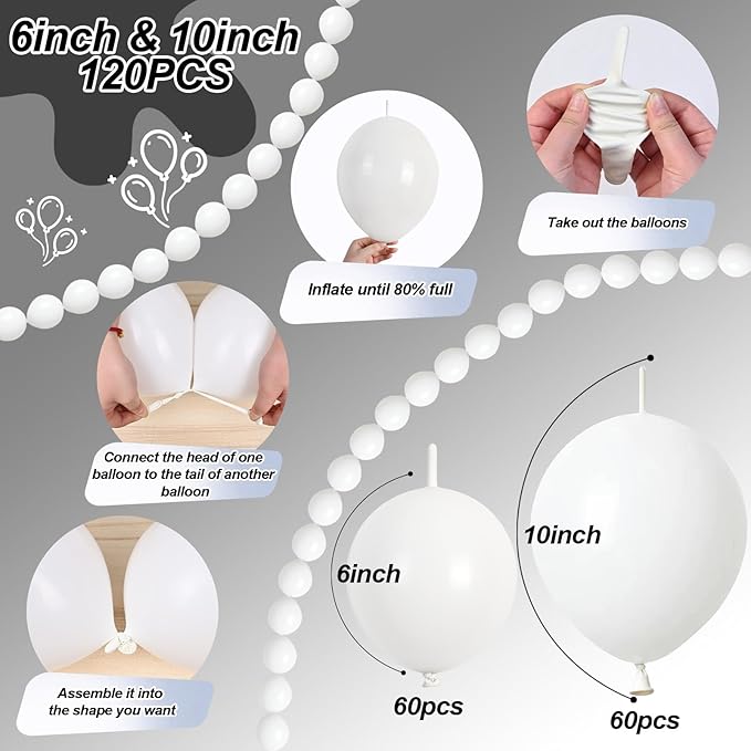 White Quick Link Balloons, 120PCS Linking Balloons for Making Balloon Wall Balloon Arch Balloon Chains, Pearl Balloons for Wedding Birthday Baby Shower Graduation Grad Party Decorations (6+10inch)