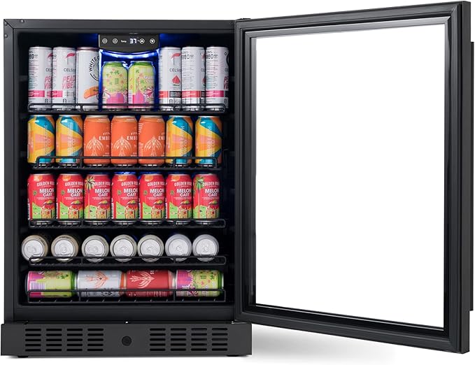 Newair 24" Beverage Refrigerator 177 Can Capacity, Black Stainless Steel Mini Fridge with Built-in Cooler and Glass Door, Cool your Soda, Beer, and Beverages to 37F
