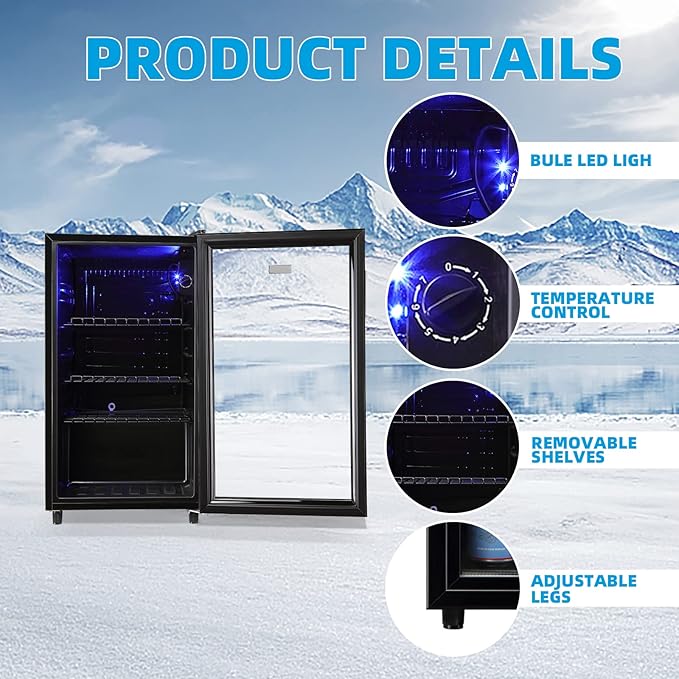 WANAI Mini Fridge Cooler 125Cans Beverage Refrigerator Glass Door Beverage Cooler for Beers Wine Juicer Adjustable Shelves LED Lights for Home, Office or Bar