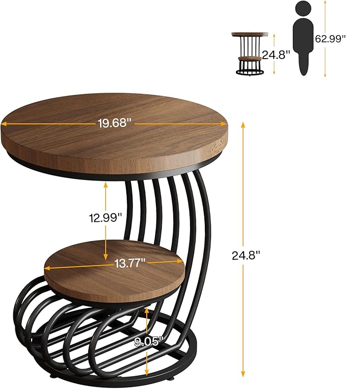 Tribesigns Round End Side Table: Side Table with 2 Tiers Storage Shelves, Vintage End Table for Living Room, Small Bedside Table Accent Table with Arc-Shaped Frame, Light Brown