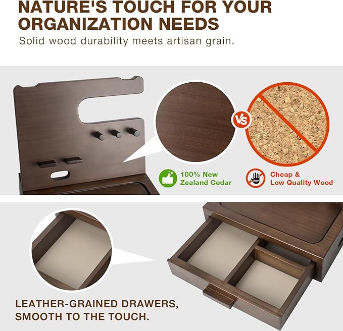 Solid Wood Nightstand Organizer, Docking Station, Gifts for Men, Made of Cedar, Versatile Bedside Table Organizer for Cellphone, Watch, Headphone, Keys, Dark Walnut