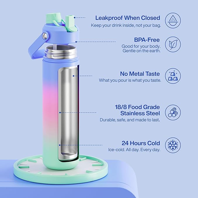 Insulated Water Bottle with Straw Stainless Steel Water Bottle, Leak-Proof, BPA-Free, Double Wall Vacuum Keeps Cold for 24 Hours for Sports, Travel, School (26 oz, Frosted Lilac)