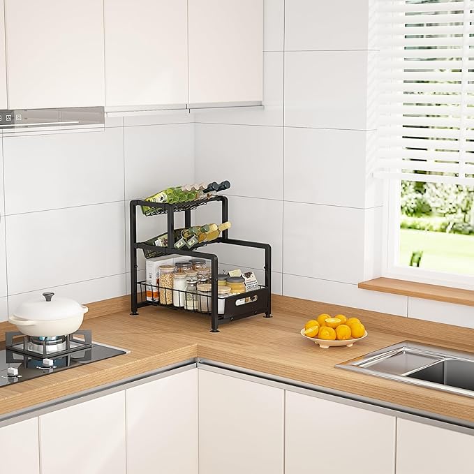 REALINN Spice Rack Organizer for Countertop, 3 Tier Pull Out Spice Rack, Height Adjustable Countertop Seasoning Organizer for Kitchen, Bathroom Storage