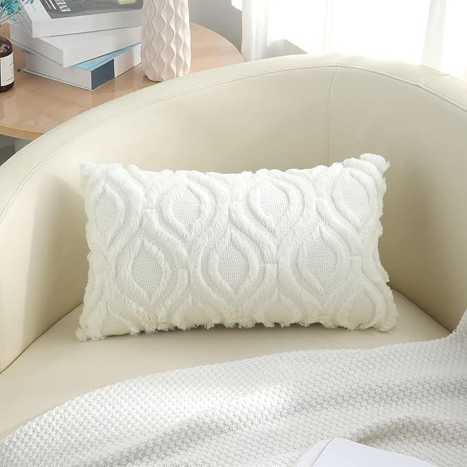 decorUhome Throw Pillow Covers 12x20 Inch Set of 2, Soft Plush Decorative Faux Fur Cream Beige Solid Couch Pillow Covers, Accent Farmhouse Neutral Lumbar Euro Pillow Cases for Sofa Bed Living Room