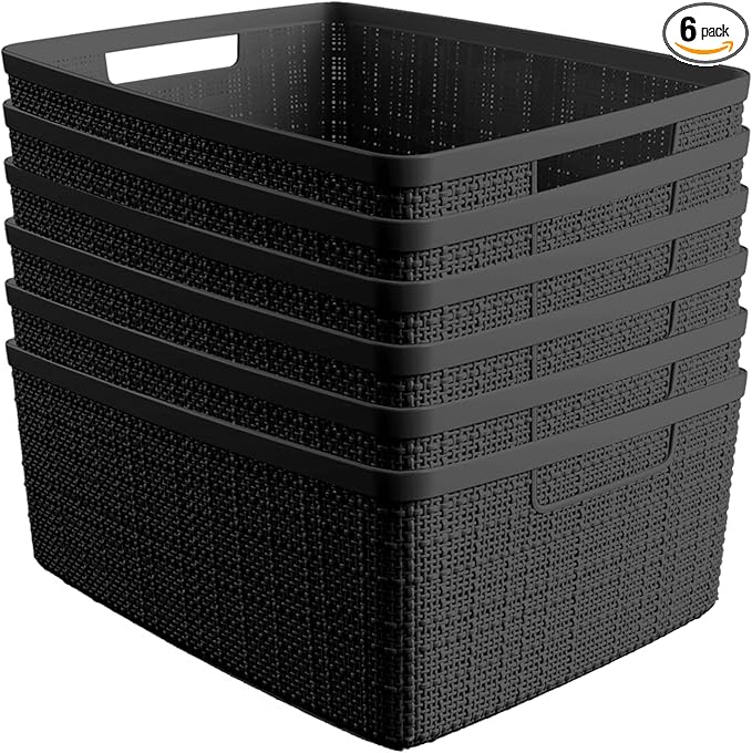 Curver Set of 6 Jute Medium Decorative Plastic Organization and Storage Baskets, Perfect Bins for Home Office, Closet Shelves, Kitchen Pantry and All Bedroom Essentials, Black