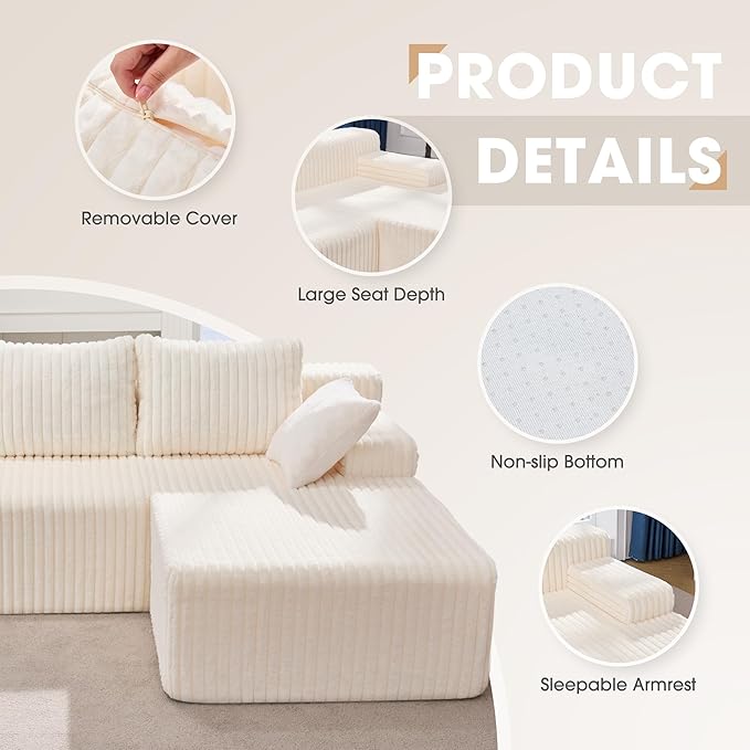 Hobestluk 96“ Modular Sectional Sofa Couches L-Shape Couch 3 Seat Modular Sofa Memory Foam Sectional Couches for Living Room, Cloud Couch with Oversized Chaise (White, Stripe (Right Facing Chaise))