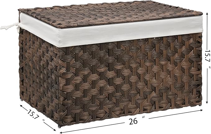 Wicker Storage Basket with Lid, 27.7 Gallon (105L) Large Blanket Basket with Lid, Woven Storage Bin with Handles, Removable Liner, Metal Frame, Foldable, for Bedroom, Laundry Room, Brown