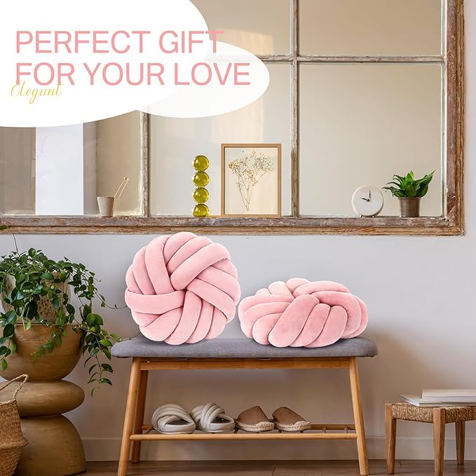 Fumete 2 Pcs 14 Inches Knot Pillow Round Throw Soft Plush Knot Ball Pillow Handmade Knotted Modern Home Decorative Cushion for Bed Bedroom, Sofa, Couch (Light Pink)