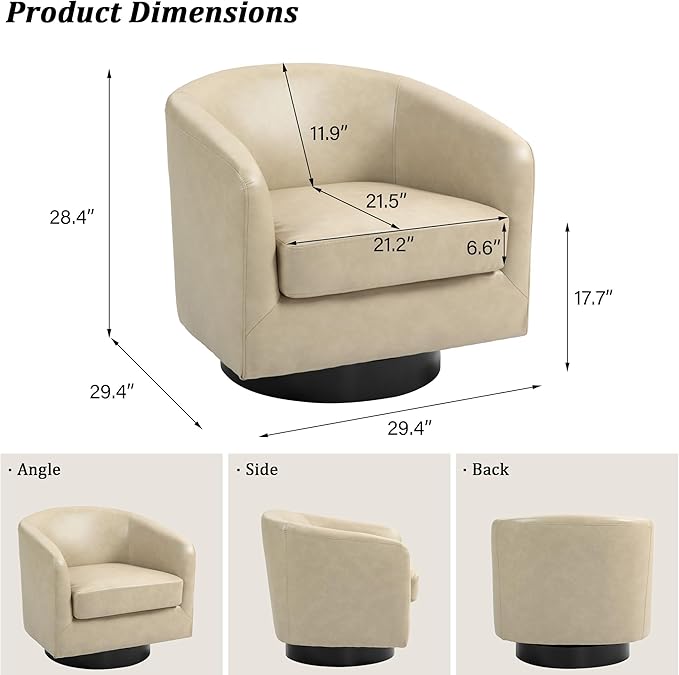 Swivel Barrel Accent Chair, Modern Round Faux Leather Arm Chair for Living Room, Bedroom, Comfy Club Reading Chairs for Adults(Faux Leather, Cream, Set of 4)