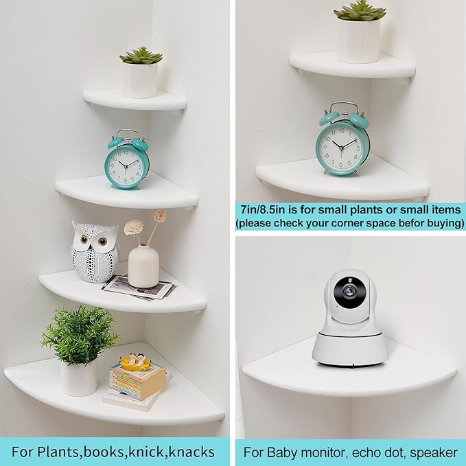 Corner Shelves, White Floating Corner Shelf, Set of 2 12inch Solid Oak Wood Wall Shelves, Round End Wall Mount with Wire Hole for Small Plant for Bedroom Kitchen, Living Room