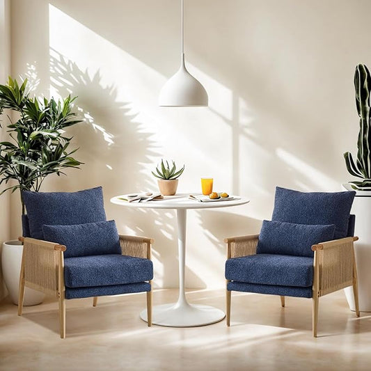 VINGLI Boho Braid Accent Armchairs Set of 2,Mid-Century Modern Chiars with Solid Wooden Armrest,Comfy Louge Cushion Chairs with Waist Pillow for Bedroom,Living Room,Reading Room, Blue