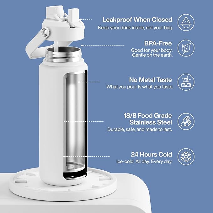 Insulated Water Bottle with Straw Stainless Steel Water Bottle, Leak-Proof, BPA-Free, Double Wall Vacuum Keeps Cold for 24 Hours for Sports, Travel, School (32 oz, Polar White)