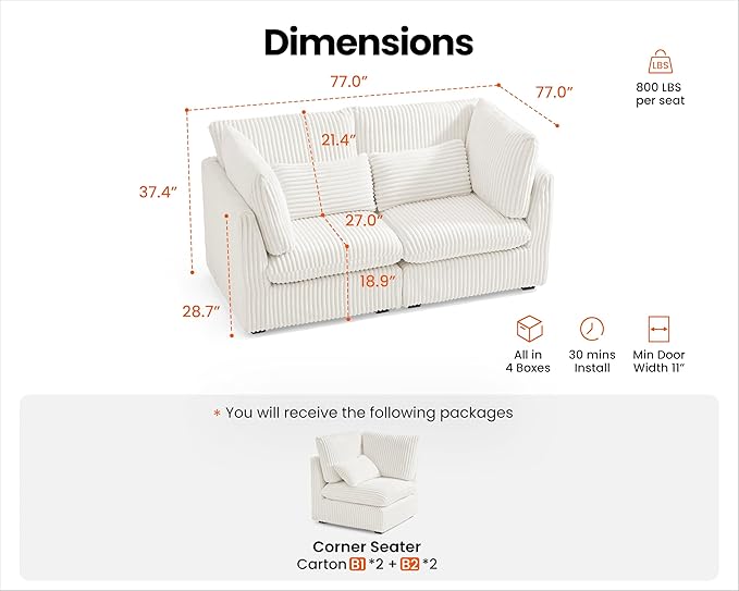 Oversized Modular Sofa, Extra Deep Cloud Corduroy Sectional Couch with Ottoman Chaise, Fluffy Corduroy 2 Seater Sofa Bed for Living Room, Villa (Loveseat Sofa, Corduroy White)