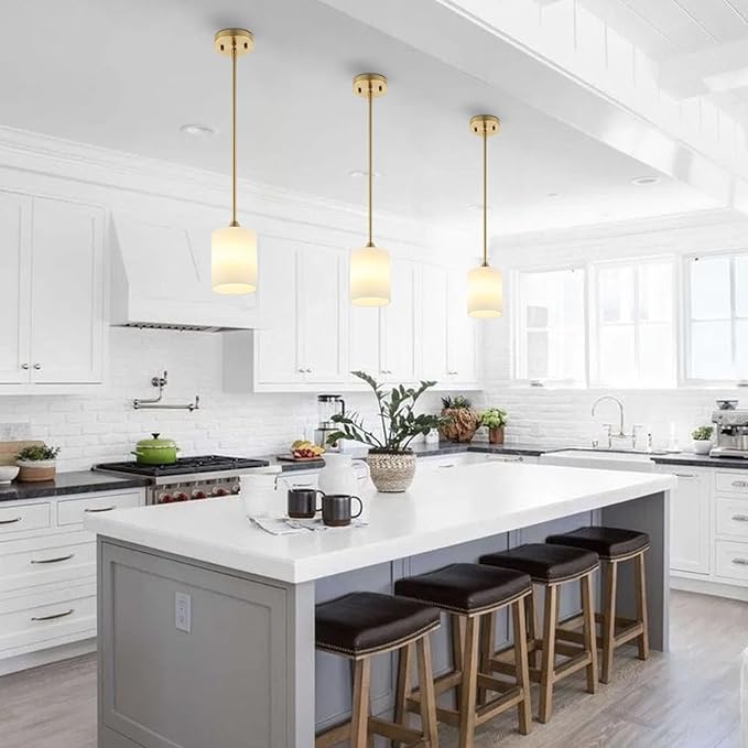 Modern Gold Pendant Light Brushed Brass Mid Century Chandelier White Cylinder Glass Shades Adjustable Rods Farmhouse Ceiling Hanging Lighting Fixture Kitchen Island Dining Room Bedroom