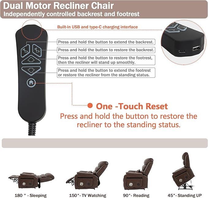 Power Lift Recliner Chair for Adults Elderly Lay Flat Leather Recliners with Massage Heating, Extended Footrest, Wireless Charging Device, USB Ports, Cup Holder, Lumbar Pillow, Up to 400LBS