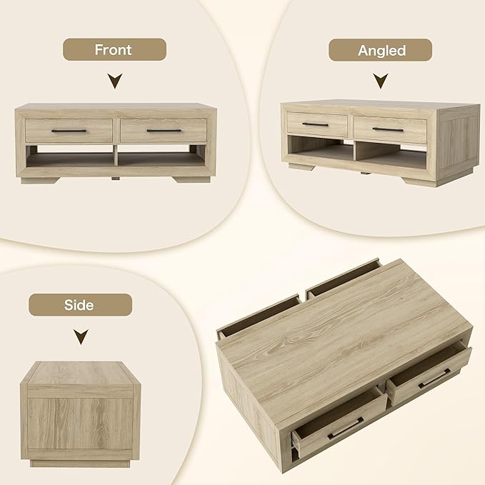 Hazel Coffee Table with 4 Storage Drawers and Open Shelf, Metal Handles, Rectangular Modern Luxury Table for Living Room