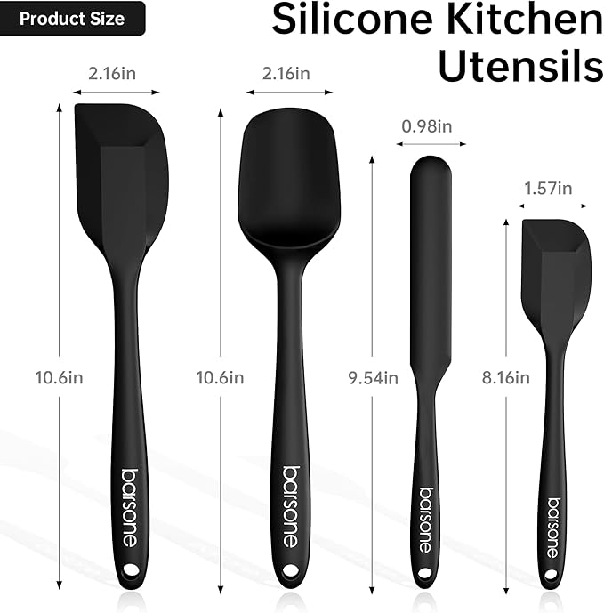 Barsone 4-Piece Silicone Spatula Set( Heat Resistant 446°F Food Grade BPA Free, Nonstick Cookware Safe Dishwasher Safe Kitchen Tools for Baking, Cooking, Stirring, Black)