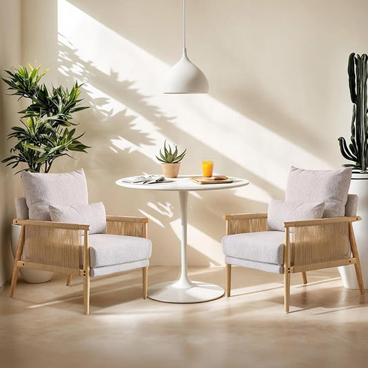 VINGLI Boho Braid Accent Armchairs Set of 2,Mid-Century Modern Chiars with Solid Wooden Armrest,Comfy Louge Cushion Chairs with Waist Pillow for Bedroom,Living Room,Reading Room, Light Grey