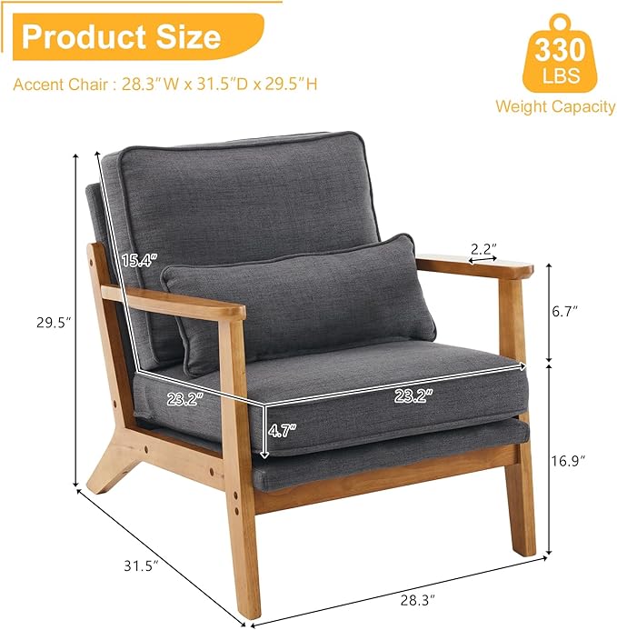 Karl home Accent Chair Wide Armrest Mid-Century Lounge Chair Linen Fabric Armchair with Lumbar Pillow & Solid Wood Frame for Living Room, Bedroom, Balcony, Gray