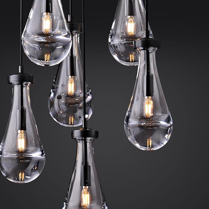 Bronze 5 Light Raindrop Chandeliers, Black Cluster Pendant Light Teardrop Dining Room Light Fixture Pendant Lights Kitchen Island, Hanging Ceiling Pendant Lighting for Entryway Living Room