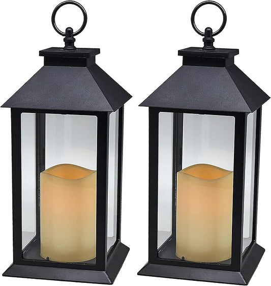 YAKii Hanging Glass Panes Lantern Portable Led Candle Light Operated by 3AAA Battery Use for Garden Yard, Indoor & Christmas Day Decoration etc (Black 2PCS)