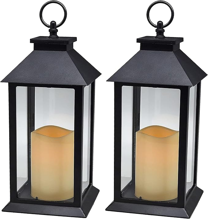 YAKii Hanging Glass Panes Lantern Portable Led Candle Light Operated by 3AAA Battery Use for Garden Yard, Indoor & Christmas Day Decoration etc (Black 2PCS)