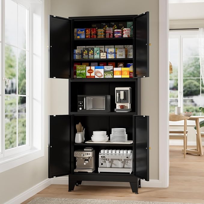 69" Tall Kitchen Pantry Cabinet, Metal Storage Cabinet with 4 Doors and Adjustbale Shelves, Freestanding Cupboards for Dining Room, Living Room, Bathroom