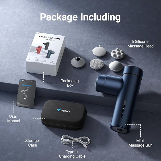 MERACH Mini Massage Gun with 8mm Amplitude, Percussion Massage Tools with 5 Massage Heads, Portable Hand Held Muscle Massagers for Pain Relief Deep Tissue, Cool Gifts for Mens and Women (Blue)