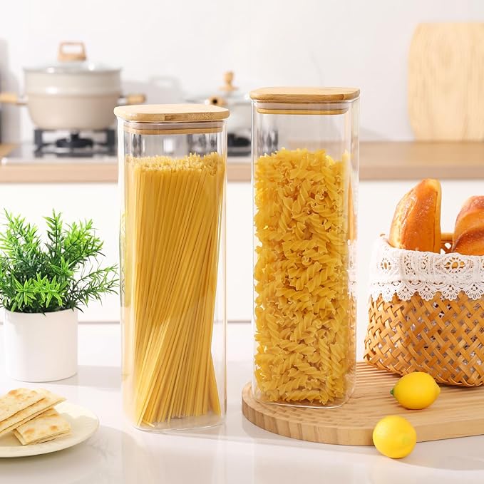 Glass Food Storage Jars with Lids(76oz)Square Set of 3 ,Glass Storage Containers Clear Glass Food Canister with Bamboo Lid Airtight For Serving Tea, Coffee Beans, Flour,Cookie, Cereal,Spice and More