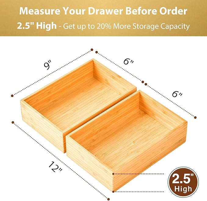 Umilife Bamboo Kitchen Drawer Organizer, Extra High Silverware Tray, Flatware Cutlery Storage Box, Multi-Use Holder in Office, Bathroom, Pantry - 9"x6"x2.5" (Set of 2)