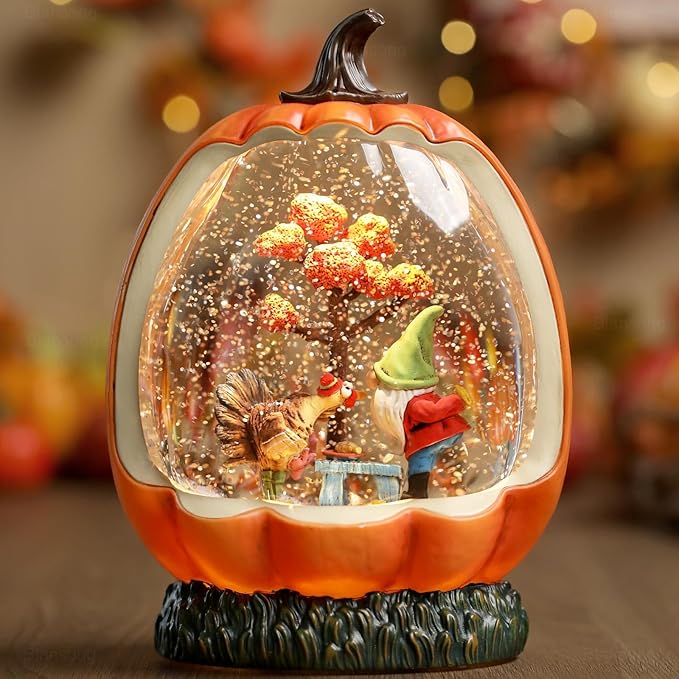 Fall Snow Globe Pumpkin Fall Decorations for Home Gnome Turkey Swirling Glitter Timer Thanksgiving Gift Autumn Harvest Fall Decor