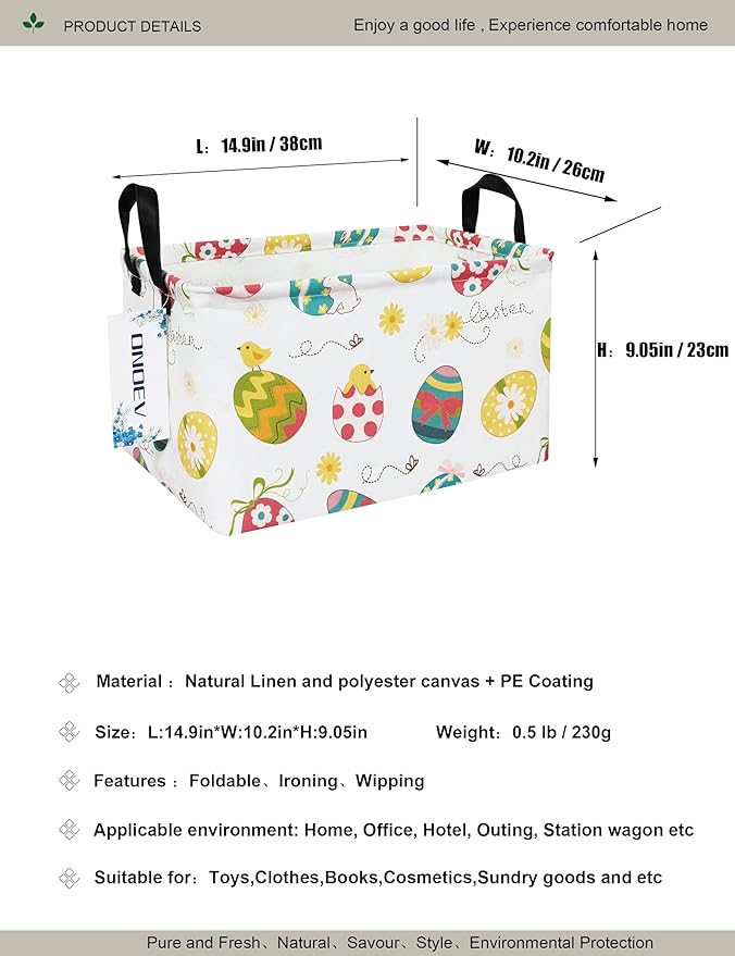 Rectangular Folding Laundry Basket,waterproof Canvas Basket,gift basket,Suitable for children's room,Office,Clothes,Toys Storage(Easter Eggs)
