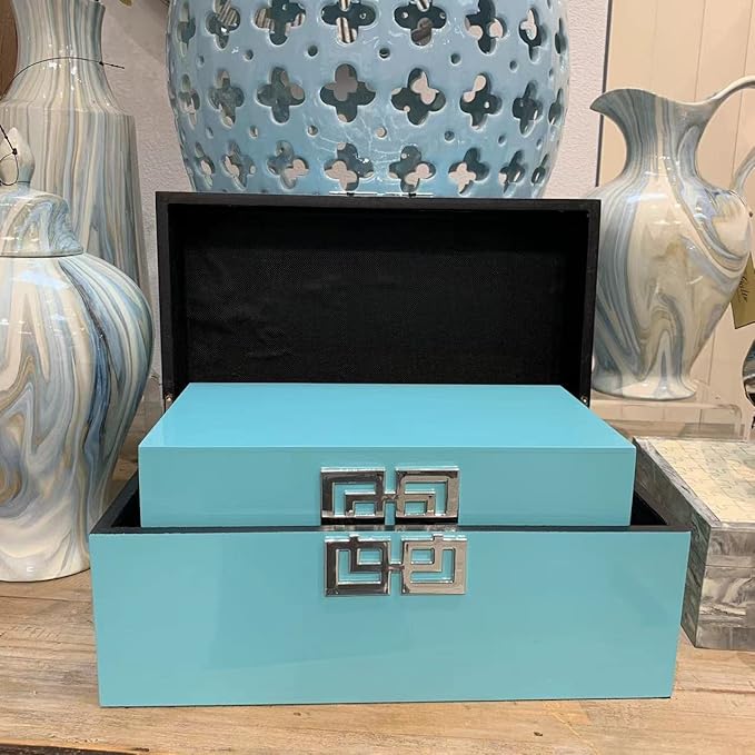 Galt International Large & Small Decorative Storage Box w/Hinged Lid - Classic Design Wood Decor Boxes with Geometric Opening Clasp - Storage for Bedroom and Home - Set of 2 (Blue)