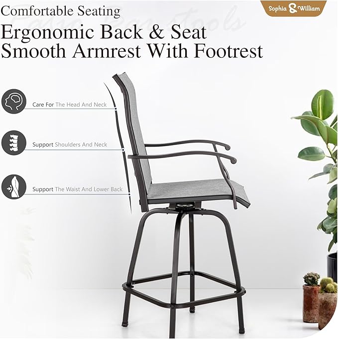 Sophia & William Outdoor Bar Set, Patio Bar Table and Chairs Set, Bar Height Patio Set - 2 x Swivel Bar Chairs(Grey), 1 x Rectangular Bar Table(Wood-Like)