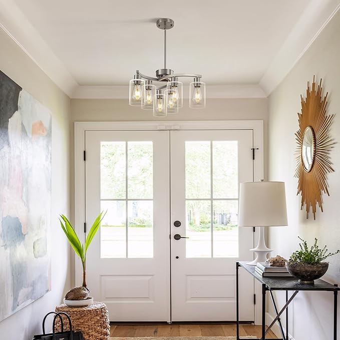 6 Light Modern Brushed Nickel Pendant Light Fixture For Dining Room,Contemporary Kitchen Light Fixtures Brushed Nickel,Adjustable Height Farmhouse Dining Chandeliers Over Table,With Glass Shade