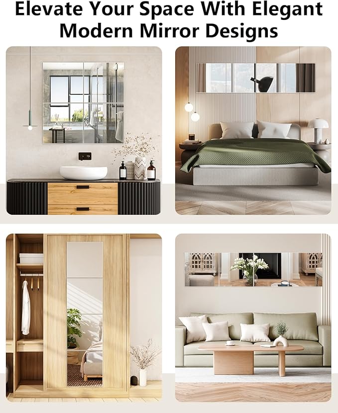 Full Length Wall Mirror Tiles, 12'' x 14'' x 4PCS, Acrylic Unbreakable Full Body Mirror for Bedroom Squares Shatterproof Mirror Sheets Wall Mounted for Home Gym Door