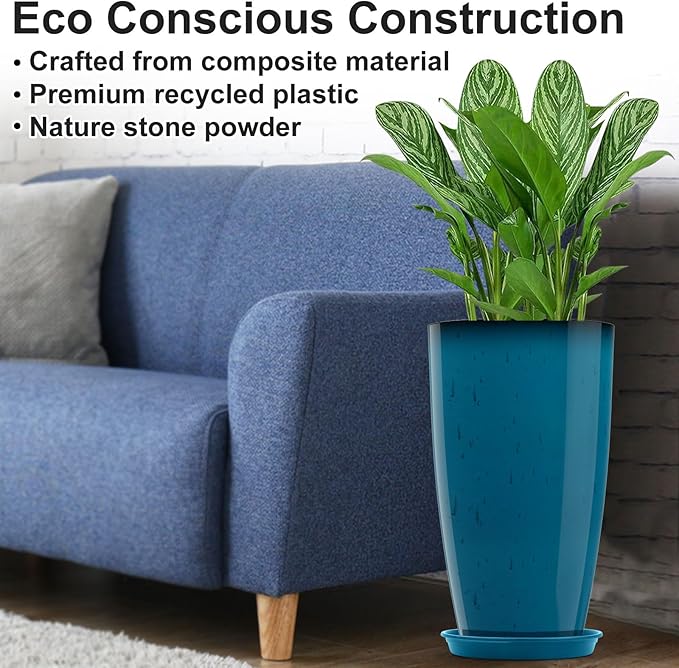 Tall Flower Pot Indoor - Outdoor Plant Pot - Turquoise Glossy Planter - Elegant Stone Imitation - 12" Diameter 21" Tall with Drainage Holes and Saucer