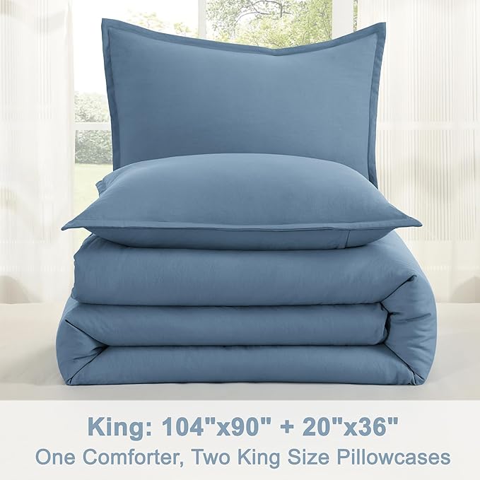 Litanika King Comforter Set Grayish Blue, 3 Pieces Lightweight Solid Bedding Comforter Set, All Season Fluffy Bed Set (104x90In Comforter & 2 Pillowcases)