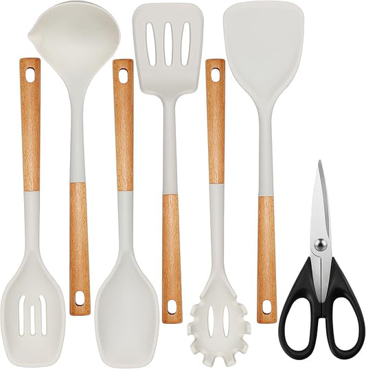 QMVESS Silicone Cooking Utensils Set, Kitchen Utensils Set 7 Pcs with Long Wooden Handle, Food Grade and Heat Resistant Large Silicone Spatula Set for Nonstick Cookware, BPA Free(White)
