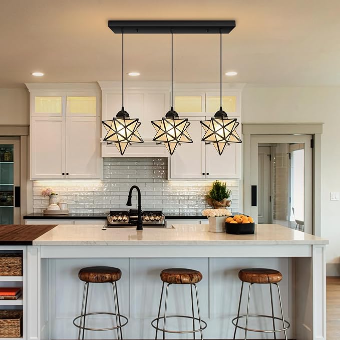 Modern Frosted White Glass Chandelier Dining Room Farmhouse Star Pendants Lights for Kitchen Island LED Ceiling Hanging Lighting Included Warm Light Bulbs Black