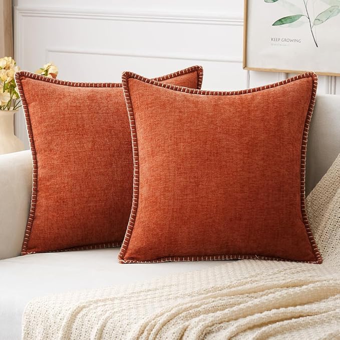MIULEE Pack of 2 Fall Couch Throw Pillow Covers 16x16 Inch Rust Farmhouse Decorative Pillow Covers with Stitched Edge Soft Chenille Solid Dyed Pillow Covers for Sofa Bed Living Room