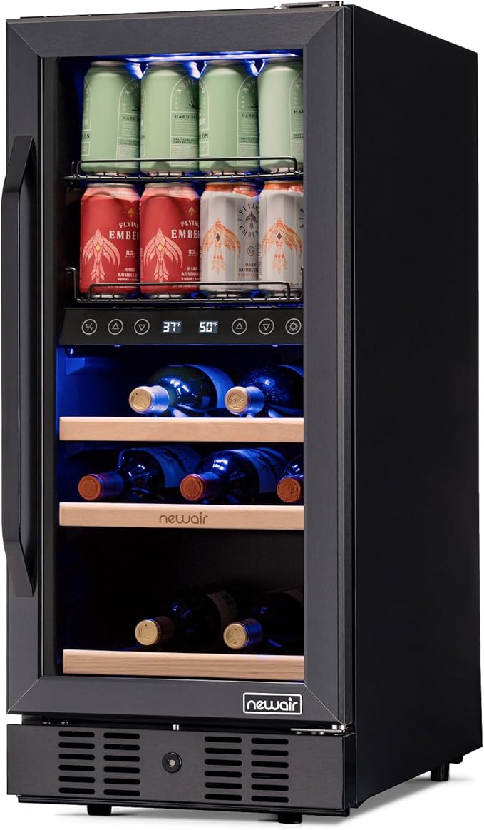 Newair 15" Wine and Beverage Refrigerator 9 Bottle and 48 Can Capacity, Beverage Cooler in Stainless Steel, Built-in or Freestanding Dual Zone Drink Fridge with Triple-Pane Glass Door