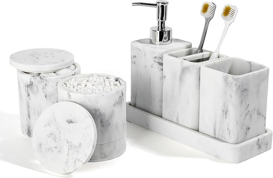 Bathroom Accessories Set, 6 Piece Bathroom Set with Toothbrush Holders, Soap Dispenser, Vanity Tray, Tumbler, Cotton Swab Jars, Bathroom Organizer,Bathroom Sink Sets, Artificial Marble White
