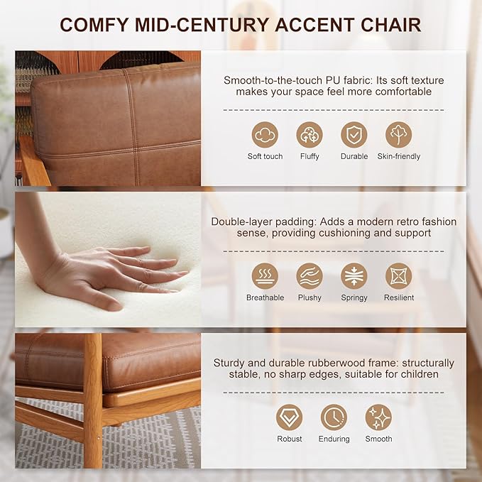 Mid Century Modern Accent Chair Set of 2, Leather Accent Chair, Relaxing Armchair with Solid Wood Frame & Soft Cushion, Reading Leisure Chairs for Living Room