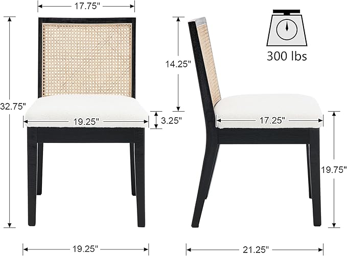 VESCASA Upholstered Dining Chairs with Square Rattan Back, Armless Padded Sherpa Fleece Cushion Dining Chairs with Wood Legs for Dining Room, Kitchen, Set of 6, Black Frame
