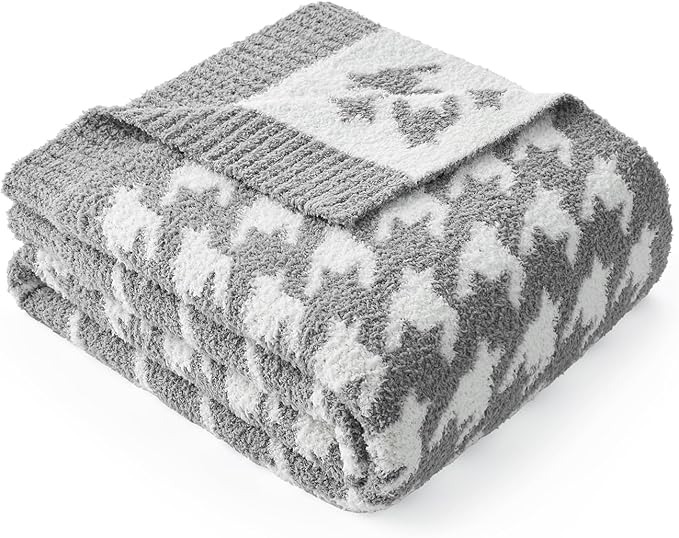Snuggle Sac Houndstooth Throw Blanket for Couch, Reversible Super Soft Warm Blankets Cozy Knit Fuzzy Plush Lightweight Throws for Sofa, Bed, Camping, Grey,50x60 inches