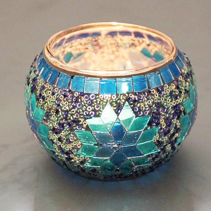 SHMILMH Votive Candle Holder Set of 4, Diwali Decoration for Home, Handmade Mosaic Glass Tealight Candle Holders for Table Centerpiece Decor,Diwali Thanksgiving